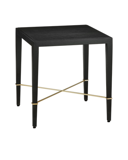 Currey & Co Verona Black Linen End Table in Black Lacquered Linen/Champagne 3000-0296